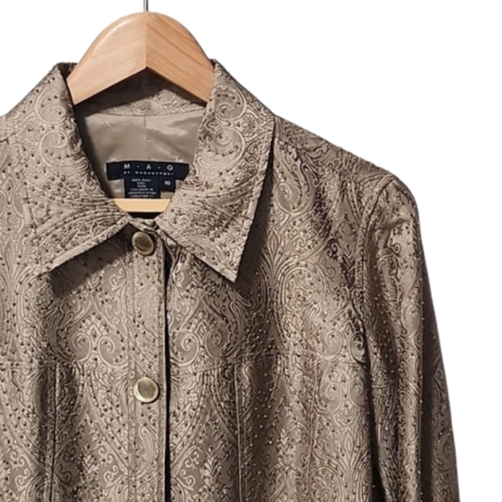 MAGASCHONI Hand Beaded Silk Jacket 10 L Iridescent Floral Gold Wearable Art - Picture 3 of 16